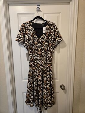 Lane Bryant Black, Cream & Tan Printed Tie-Waist Midi Dress